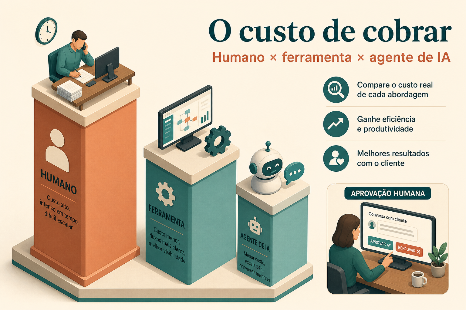 Comparativo de custo: humano, ferramenta e agente de IA