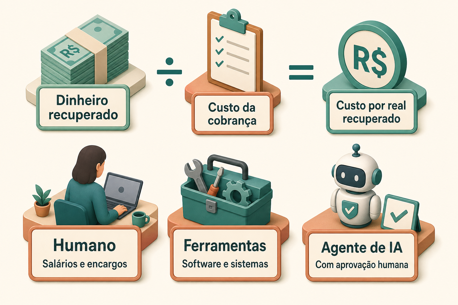 Custo por real recuperado: humano × ferramenta × agente